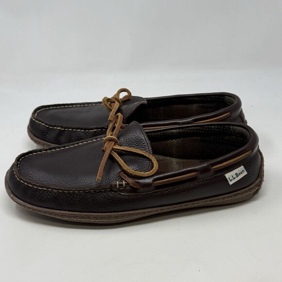 LL Bean Slippers Mens 9 M Brown Leather Flannel Lined Handsewn Moccasin Shoes - Picture 2 of 16